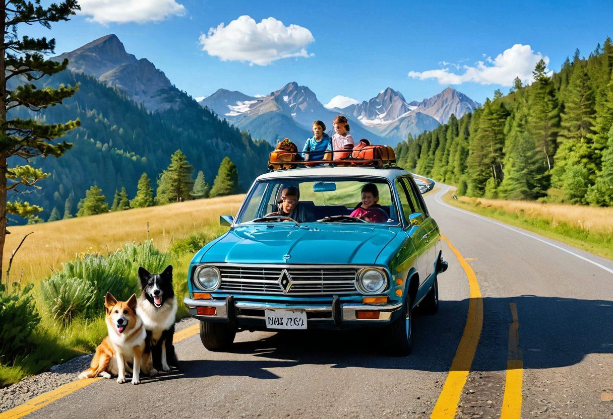 A picturesque family road trip scene featuring a diverse family enjoying a joyful moment around a packed car with luggage beside them, scenic mountains and lush forests in the background. Capture the essence of adventure with a winding road leading into the horizon, playful children with a map, and a cheerful dog. Bright, inviting colors to evoke a sense of excitement and exploration. super-realistic. vibrant colors. scenic landscape.