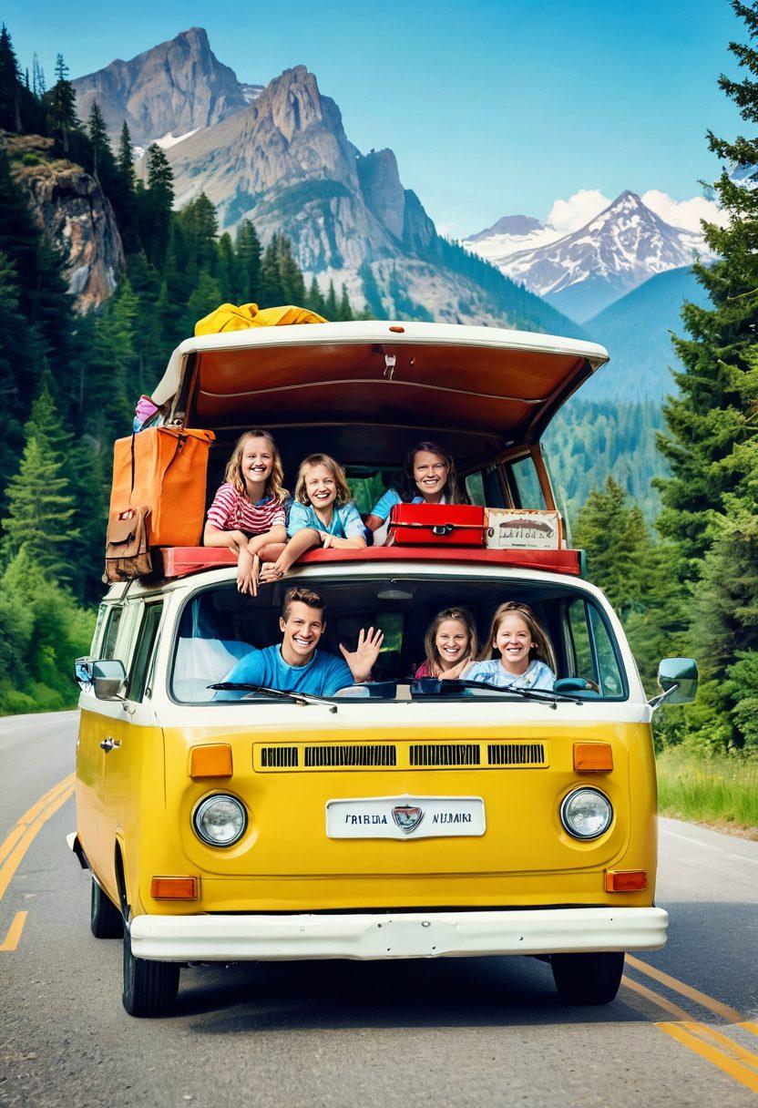 A joyful family in a colorful vintage van, packed with suitcases and travel gear, driving along a scenic road with mountains and trees in the background. Kids are laughing and waving from the windows while a map is displayed on the dashboard, adorned with fun stickers. A road sign indicating exciting destinations ahead adds to the adventure vibe. summer colors, playful atmosphere, super-realistic.