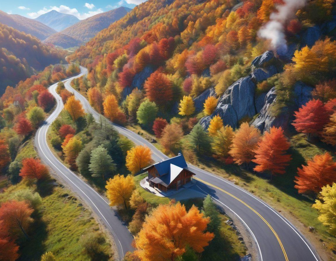 A stunning aerial view of a winding scenic route surrounded by lush green mountains and vibrant autumn foliage, with a clear blue sky overhead. A cozy cabin with smoke gently rising from the chimney is nestled alongside the road, inviting exploration. Brightly colored autumn leaves contrast beautifully against the tranquil landscape. super-realistic. vibrant colors. 3D.